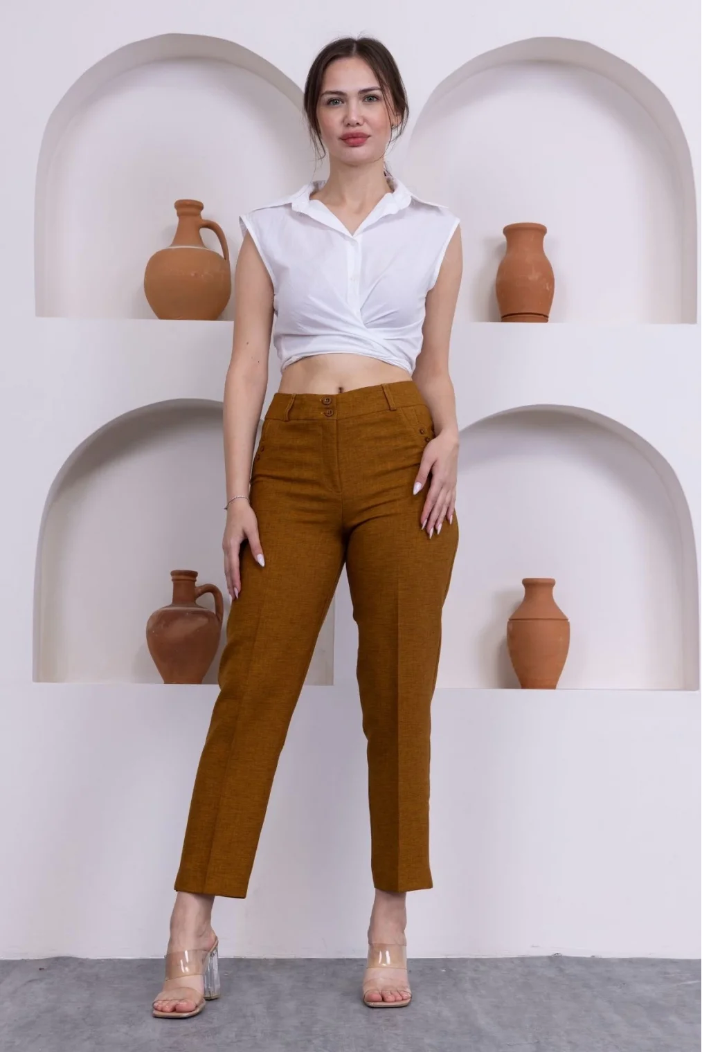 Cep Detaylı Bilek Boy Kadın Kumaş Pantolon 359-Kahverengi