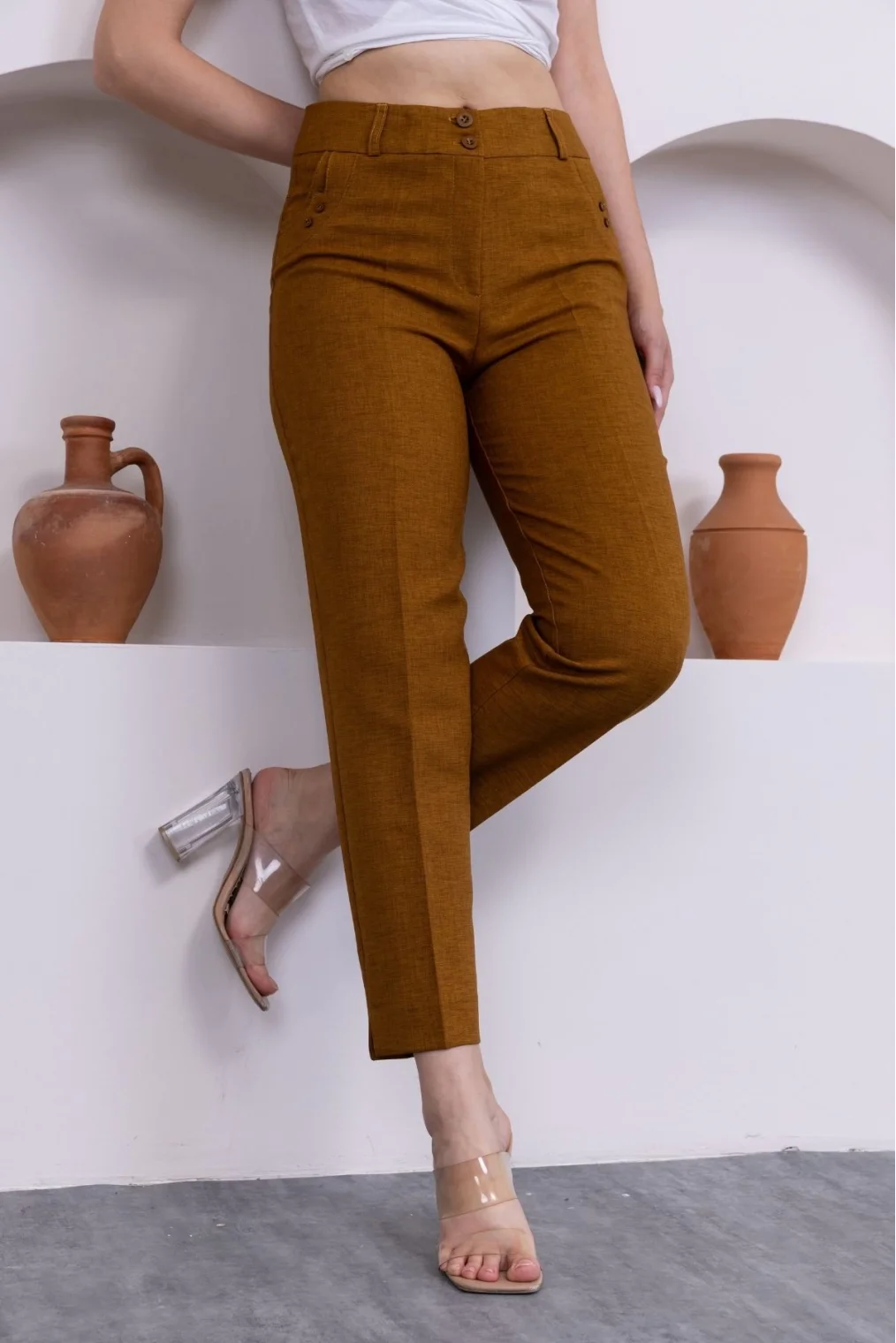 Cep Detaylı Bilek Boy Kadın Kumaş Pantolon 359-Kahverengi