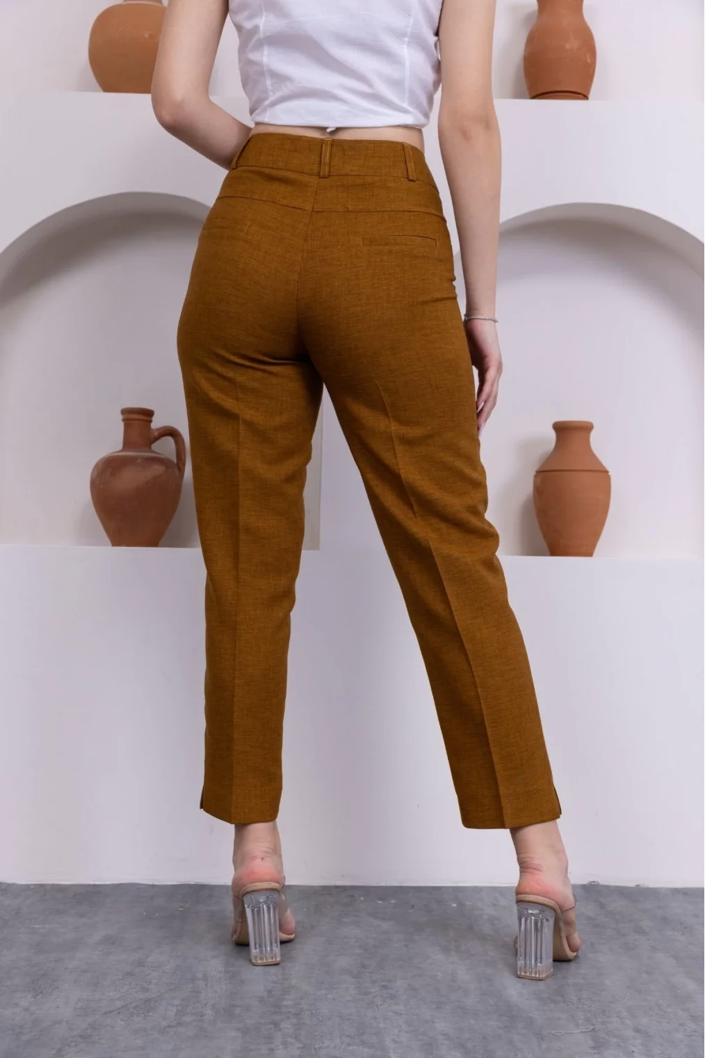 Cep Detaylı Bilek Boy Kadın Kumaş Pantolon 359-Kahverengi
