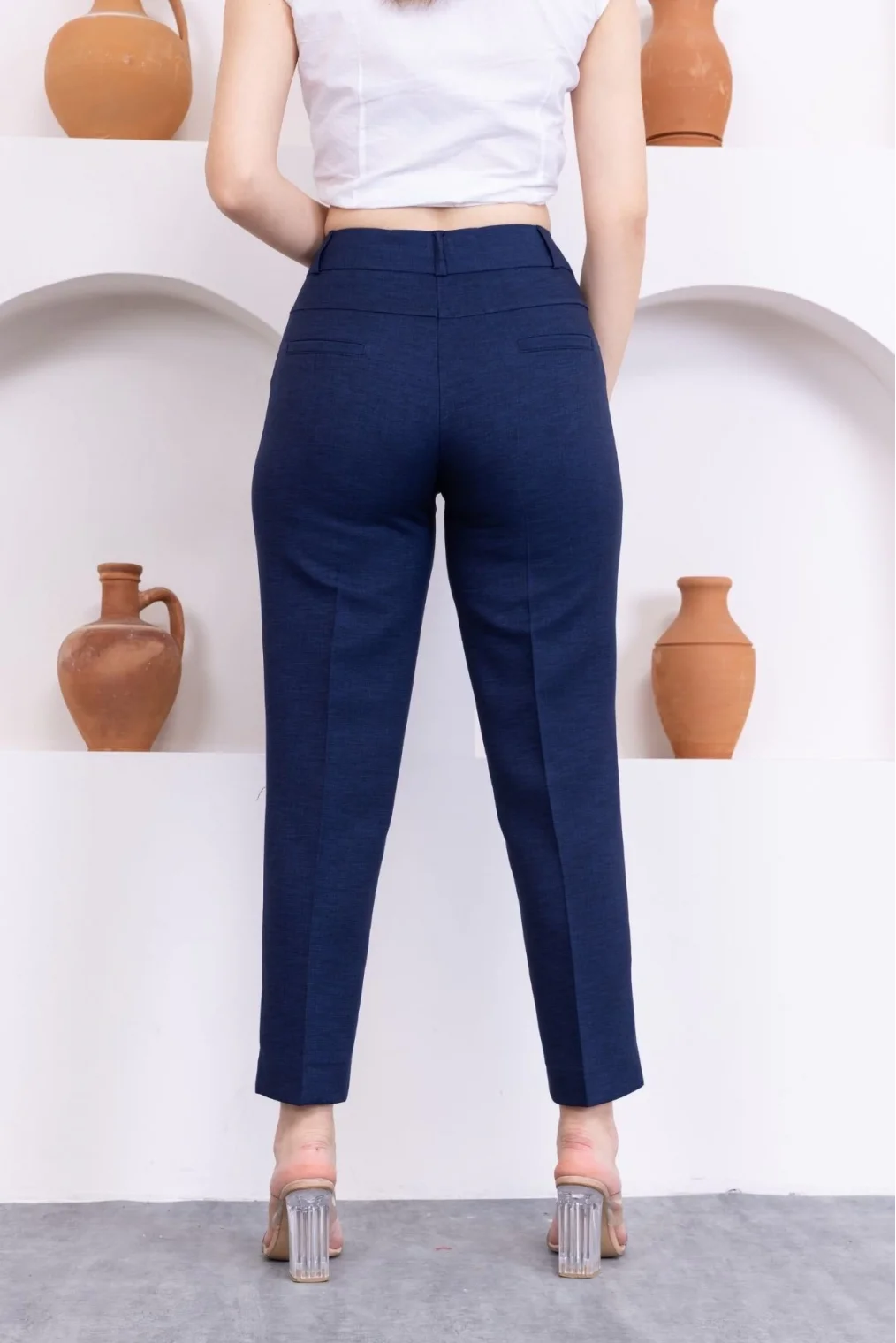 Cep Detaylı Bilek Boy Kadın Kumaş Pantolon 359-Lacivert