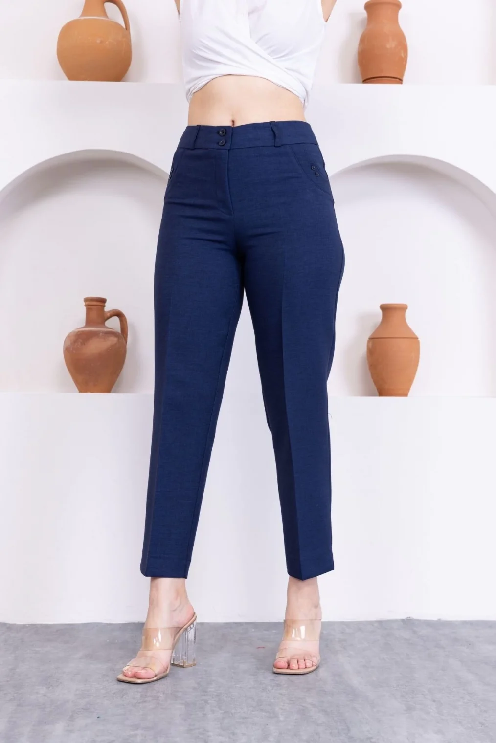 Cep Detaylı Bilek Boy Kadın Kumaş Pantolon 359-Lacivert