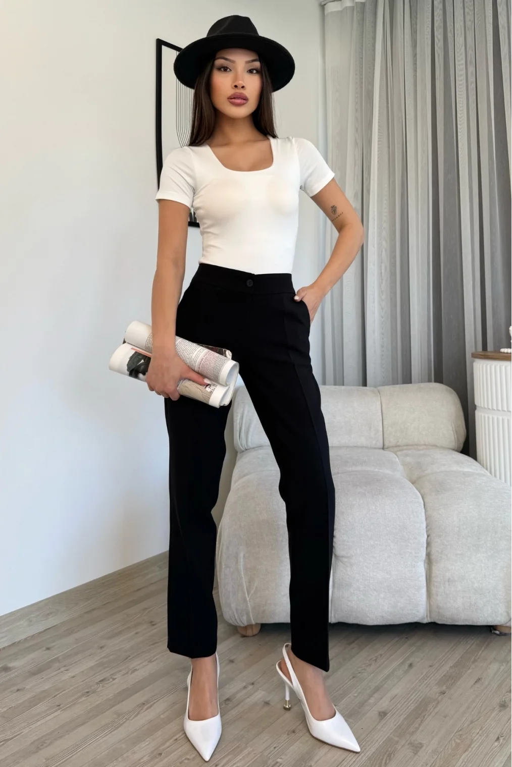 Cep Detaylı Bilek Boy Kadın Kumaş Pantolon 6011-Siyah