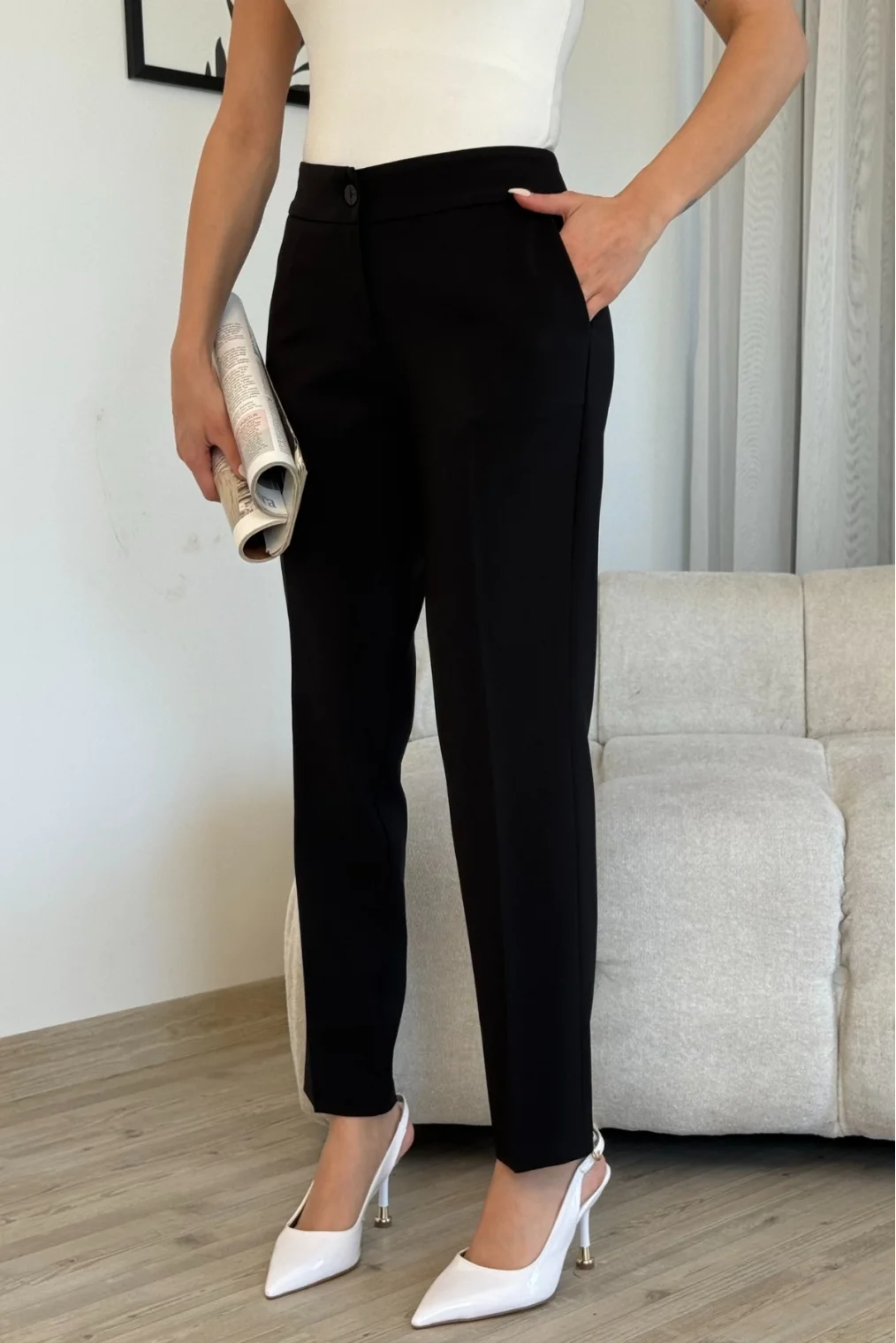 Cep Detaylı Bilek Boy Kadın Kumaş Pantolon 6011-Siyah