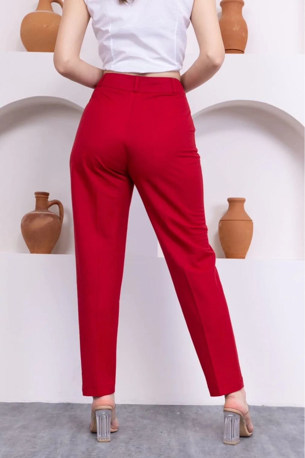 Cep Detaylı Örme Kumaş Kadın Pantolon 0040-Kırmızı