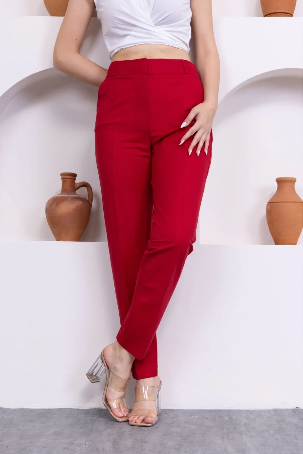 Cep Detaylı Örme Kumaş Kadın Pantolon 0040-Kırmızı