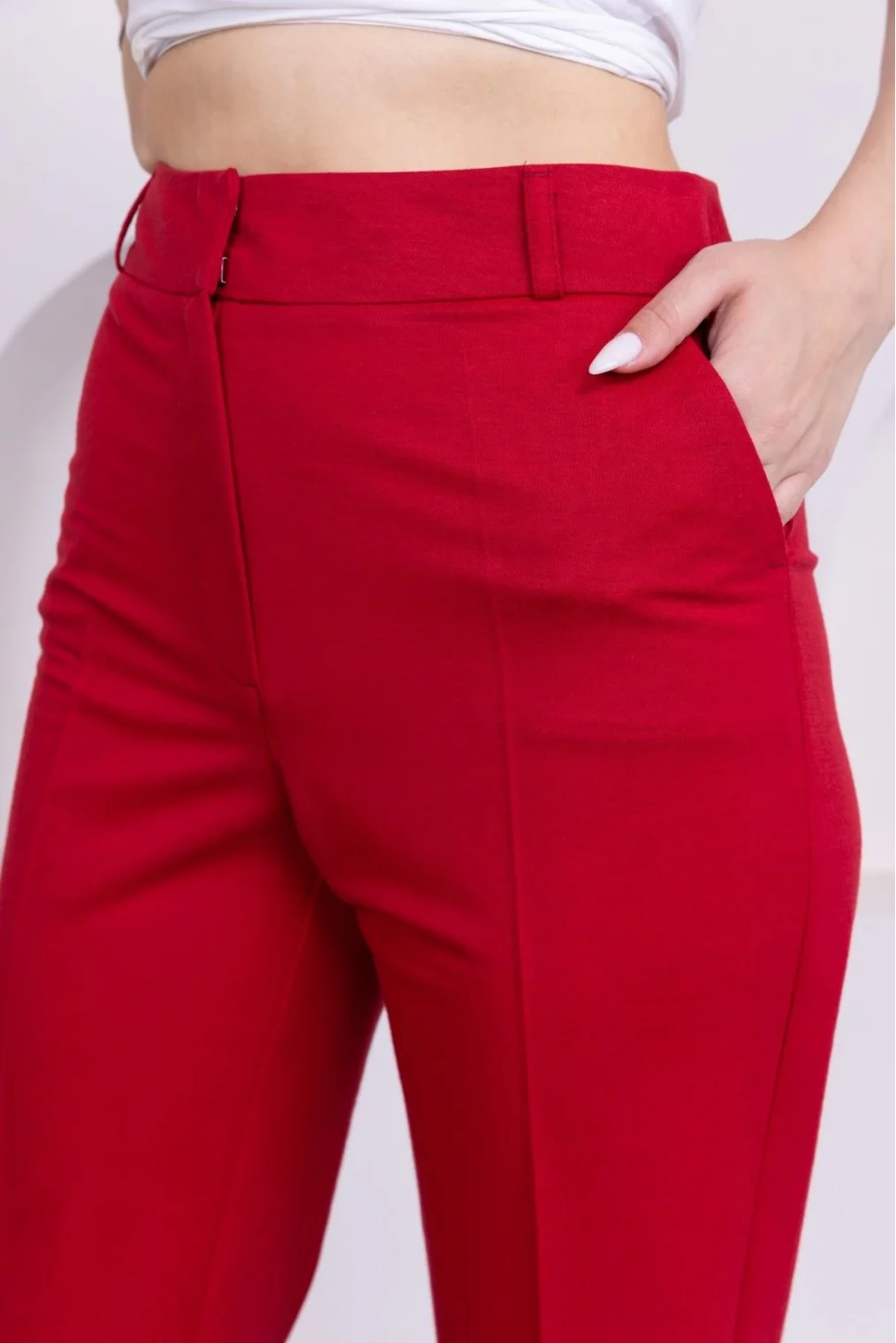 Cep Detaylı Örme Kumaş Kadın Pantolon 0040-Kırmızı