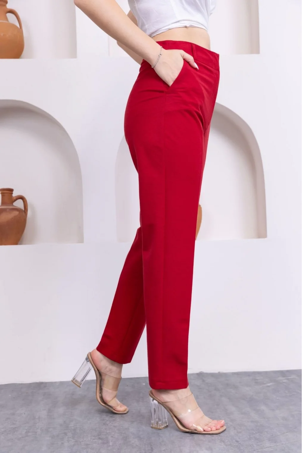 Cep Detaylı Örme Kumaş Kadın Pantolon 0040-Kırmızı