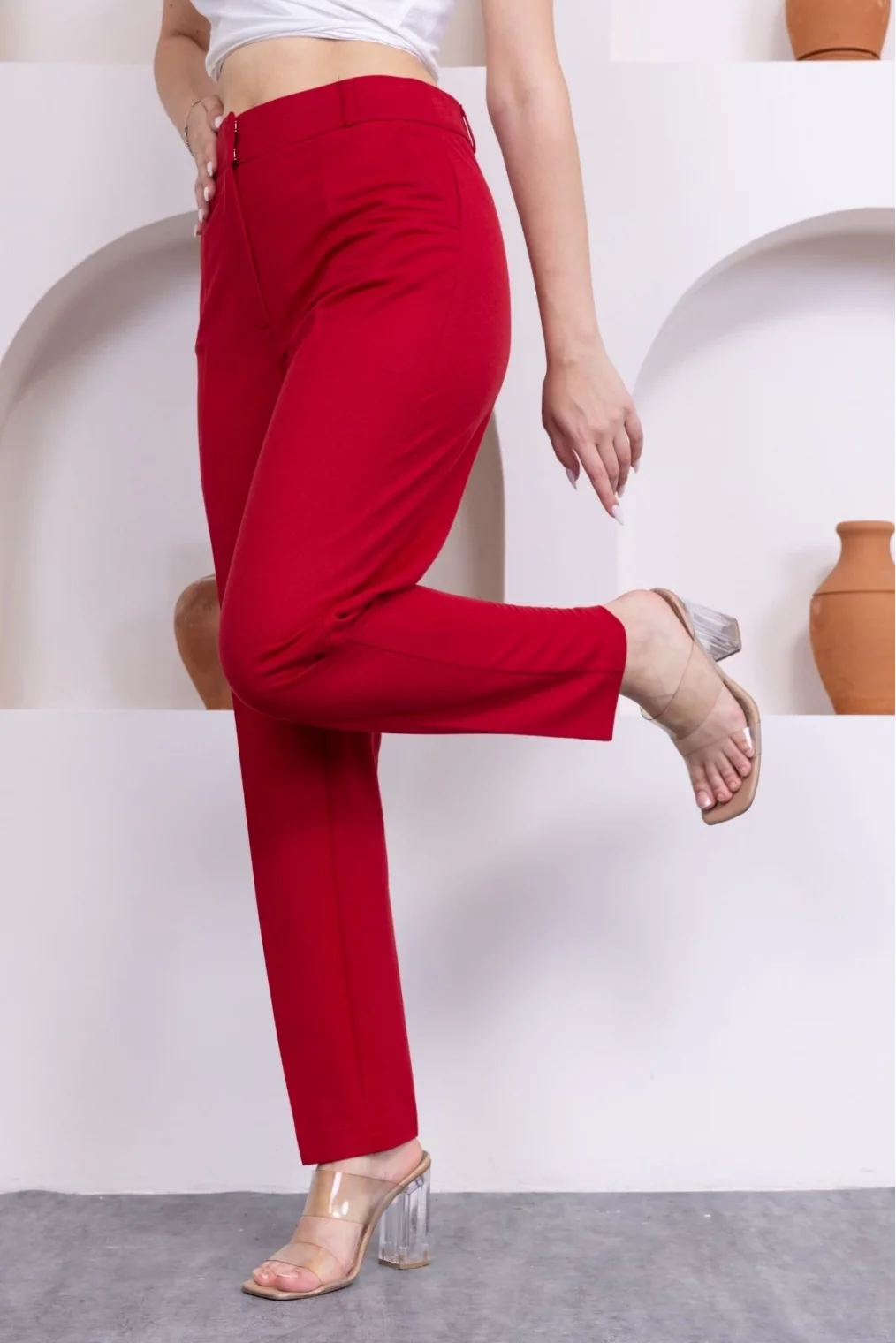 Cep Detaylı Örme Kumaş Kadın Pantolon 0040-Kırmızı