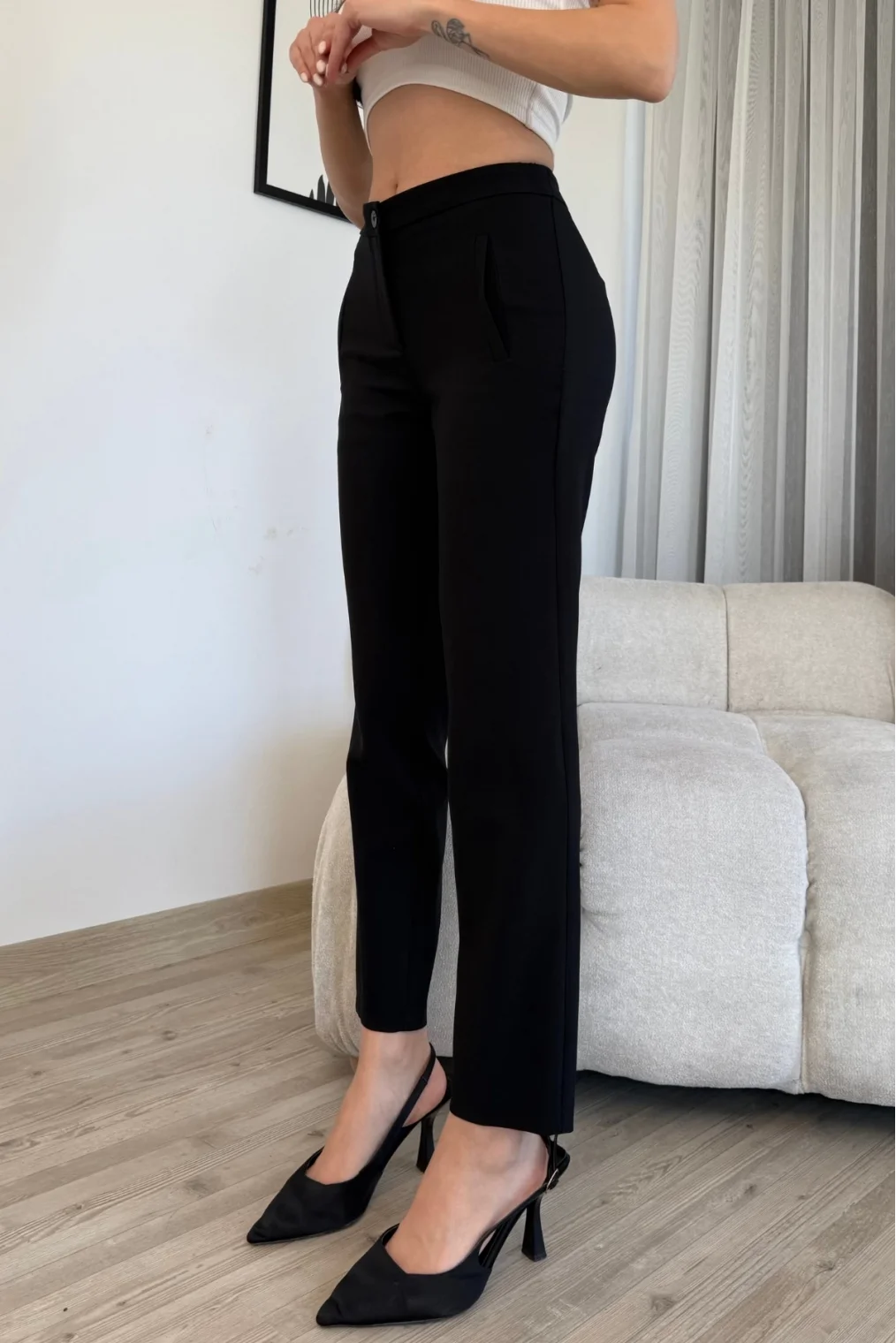 Cep Detaylı Düşük Bel Bilek Boy Pantolon 6019-Siyah