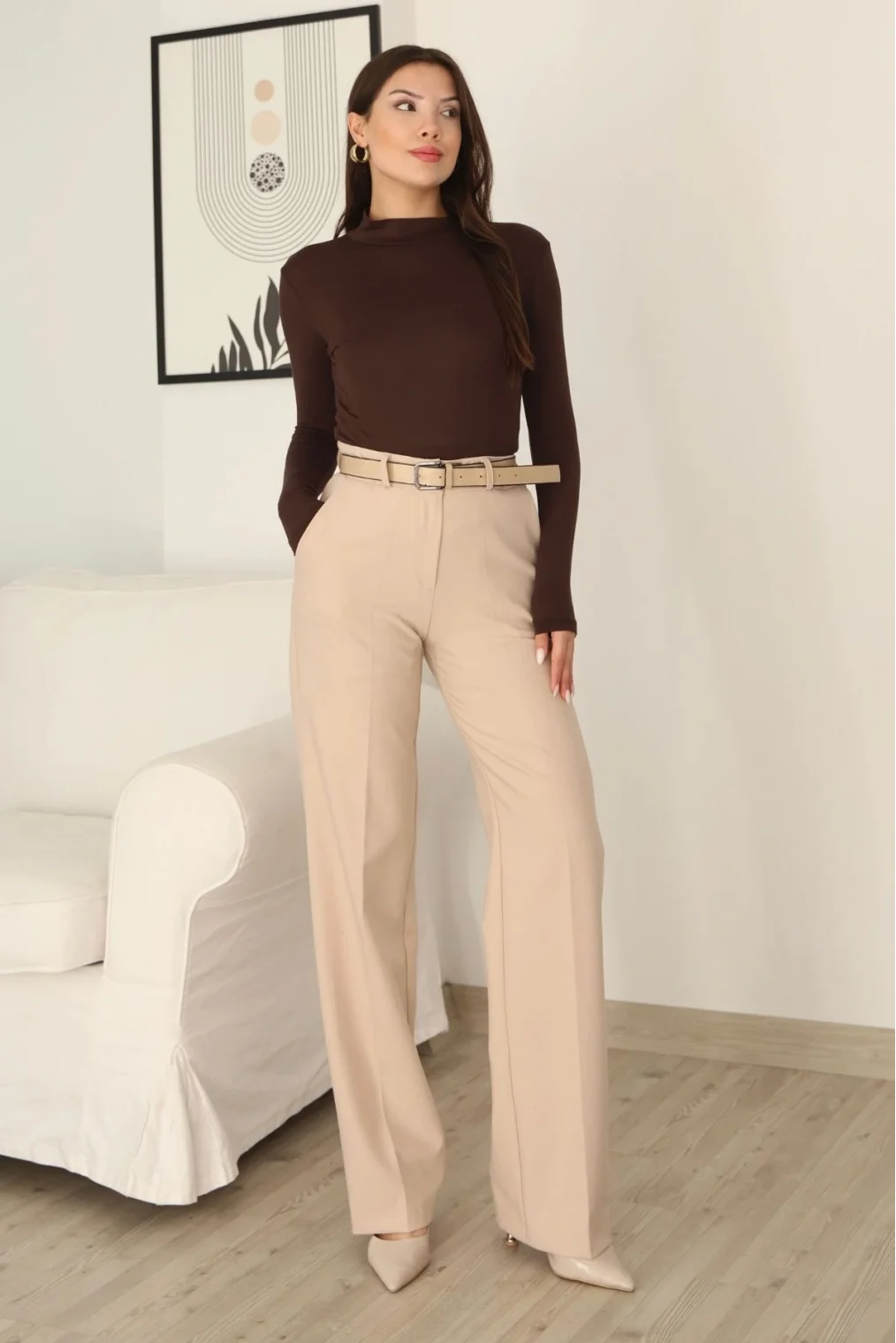 Cep Detaylı Kemerli Kumaş Pantolon 6156-Bej