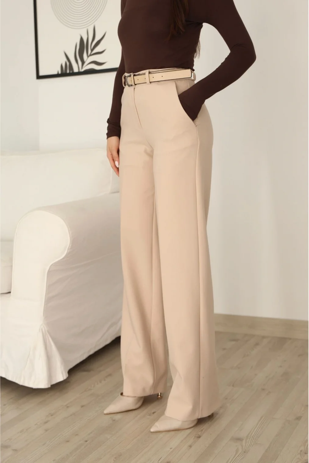 Cep Detaylı Kemerli Kumaş Pantolon 6156-Bej