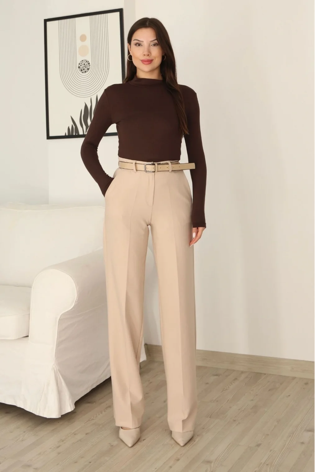 Cep Detaylı Kemerli Kumaş Pantolon 6156-Bej