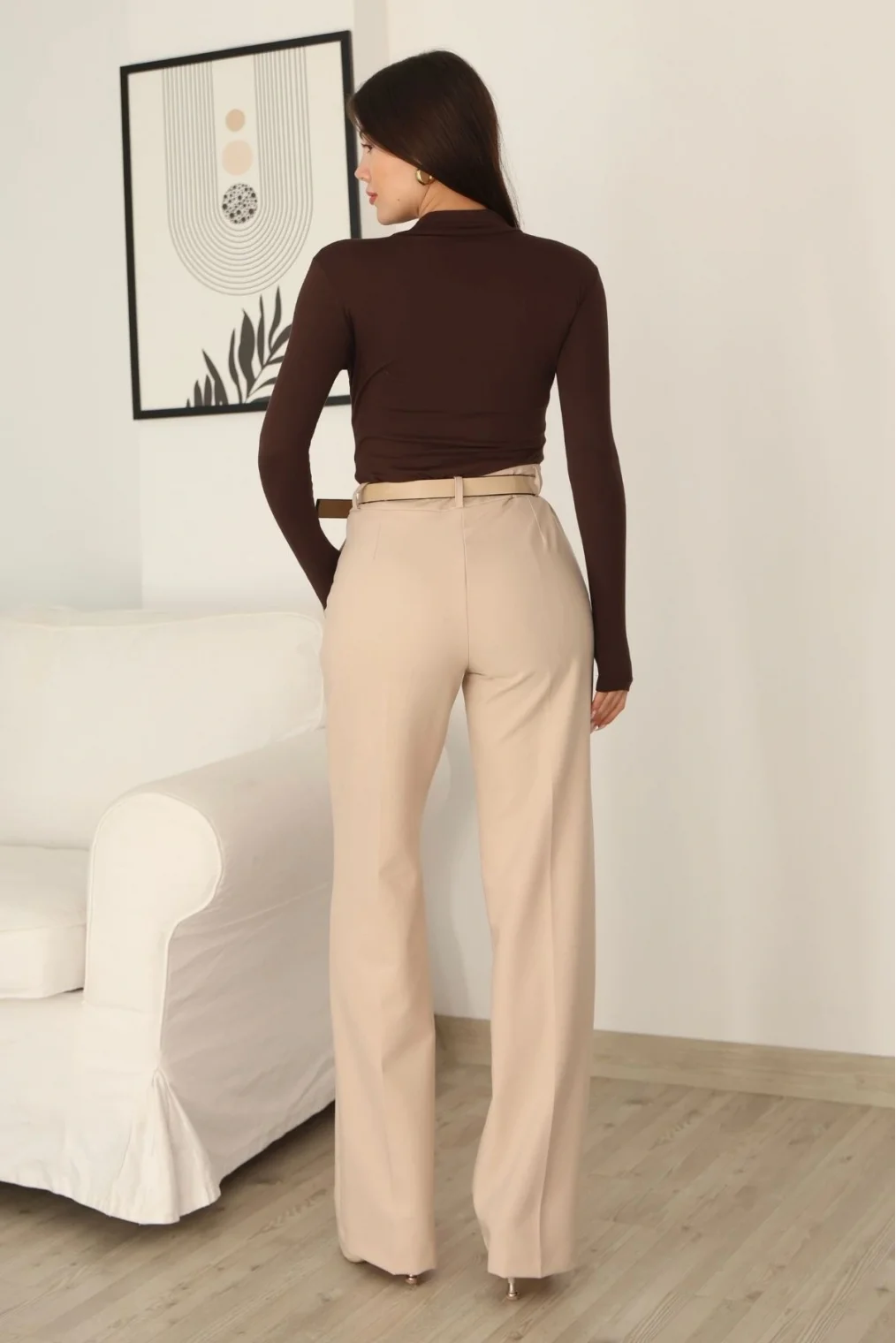 Cep Detaylı Kemerli Kumaş Pantolon 6156-Bej