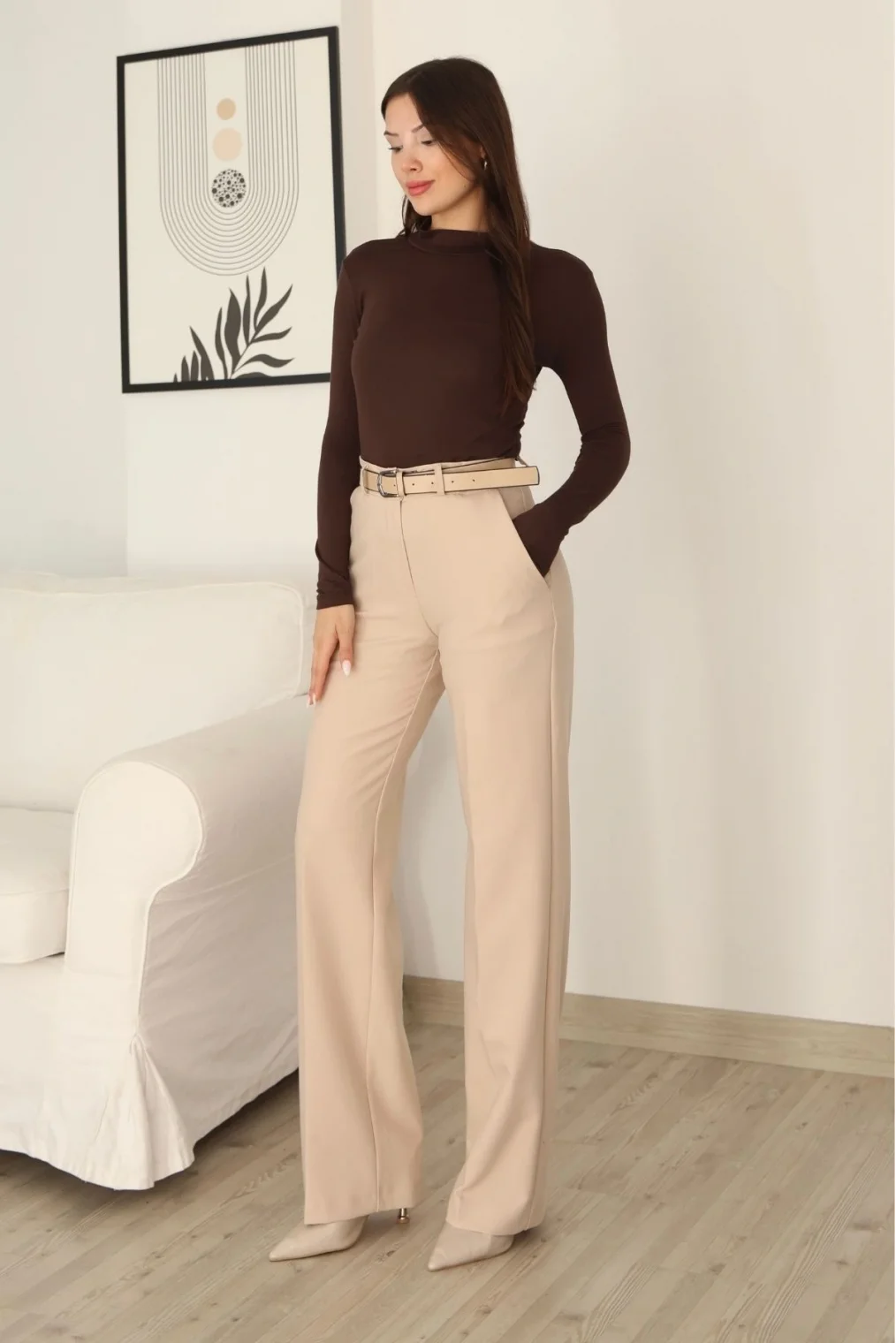 Cep Detaylı Kemerli Kumaş Pantolon 6156-Bej