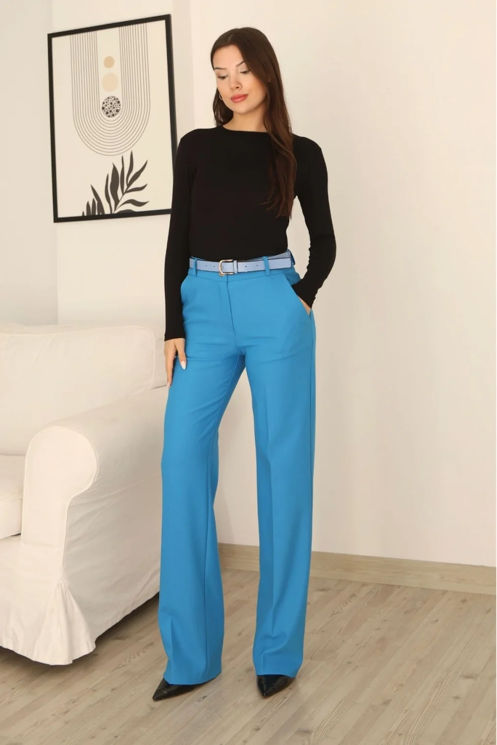 Cep Detaylı Kemerli Kumaş Pantolon 6156-İndigo