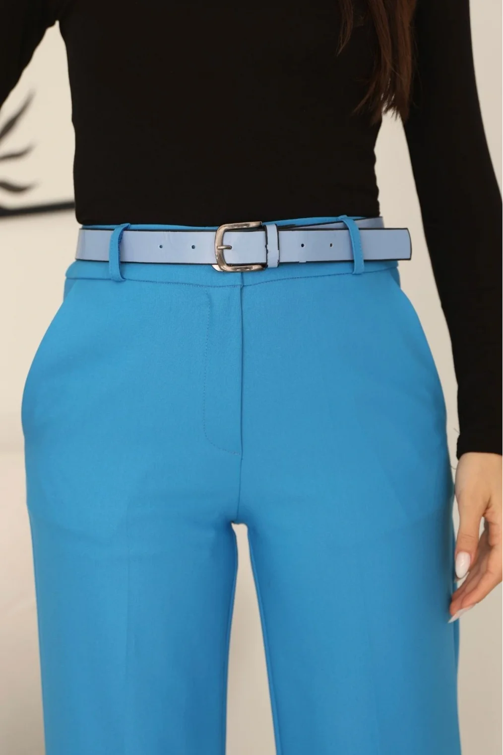 Cep Detaylı Kemerli Kumaş Pantolon 6156-İndigo