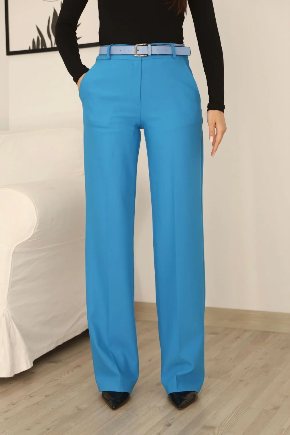 Cep Detaylı Kemerli Kumaş Pantolon 6156-İndigo