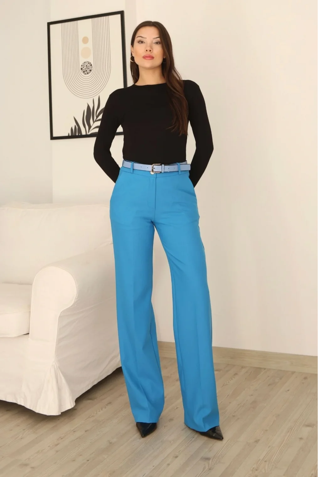 Cep Detaylı Kemerli Kumaş Pantolon 6156-İndigo