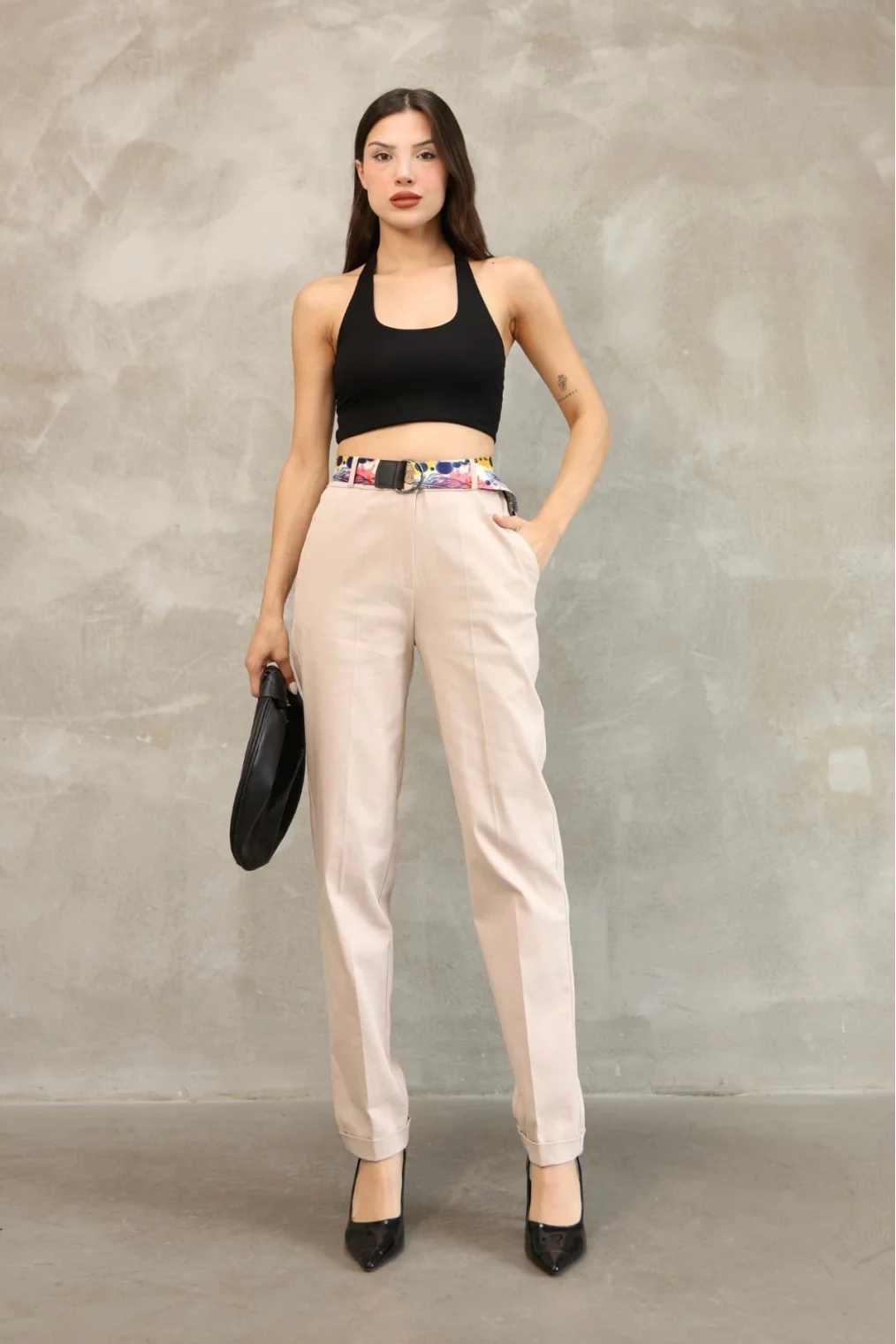 Cep Detaylı Kemerli Pamuklu Kumaş Pantolon 6174-Vizon