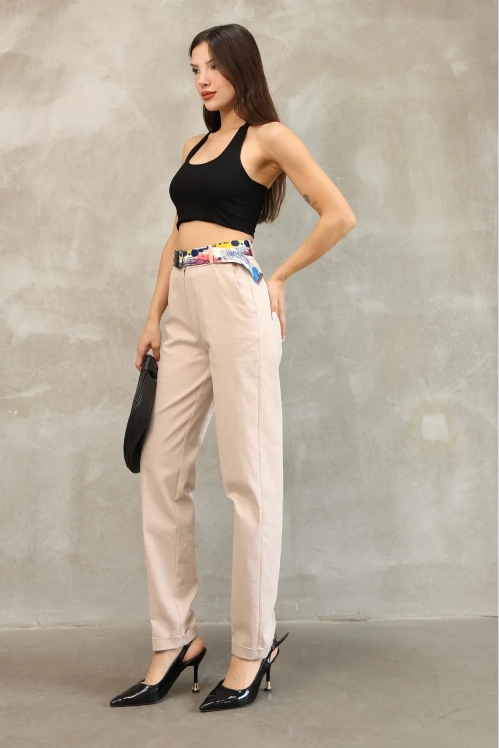 Cep Detaylı Kemerli Pamuklu Kumaş Pantolon 6174-Vizon