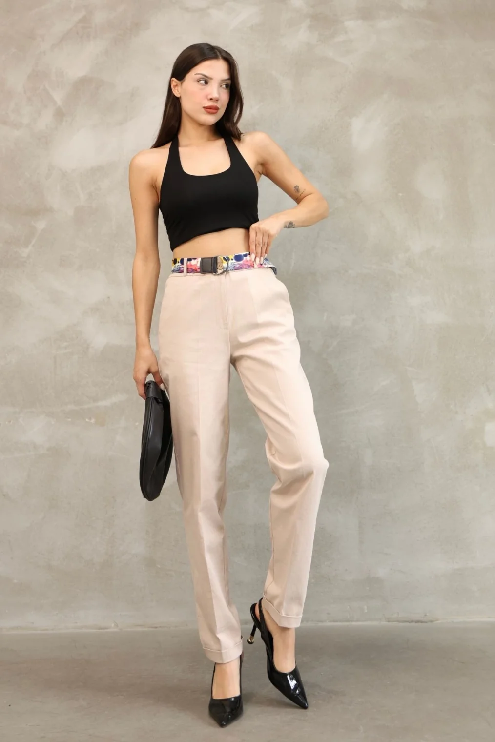 Cep Detaylı Kemerli Pamuklu Kumaş Pantolon 6174-Vizon