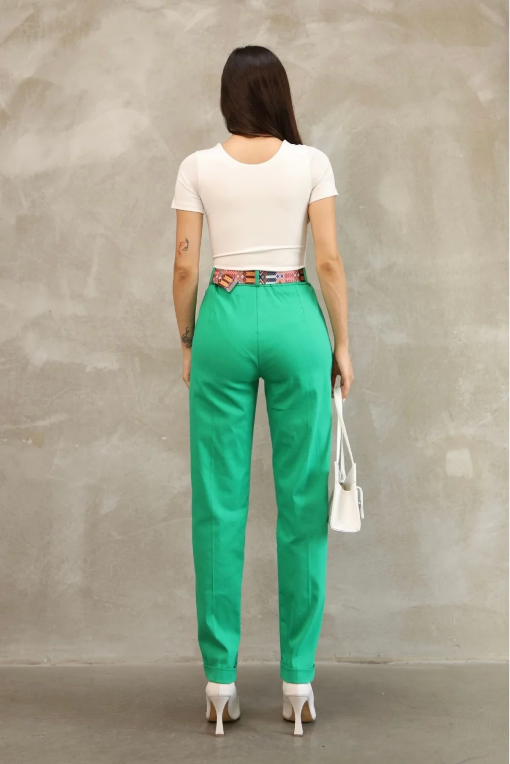Cep Detaylı Kemerli Pamuklu Kumaş Pantolon 6174-Yeşil