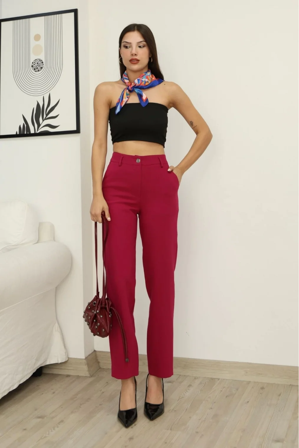 Cep Detaylı Kumaş Pantolon 6154-Fuşya