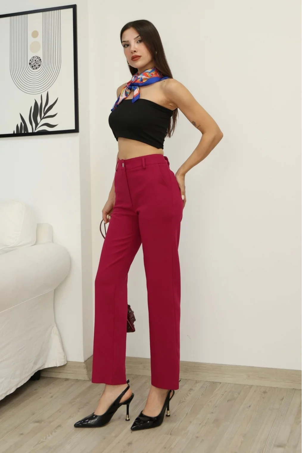 Cep Detaylı Kumaş Pantolon 6154-Fuşya