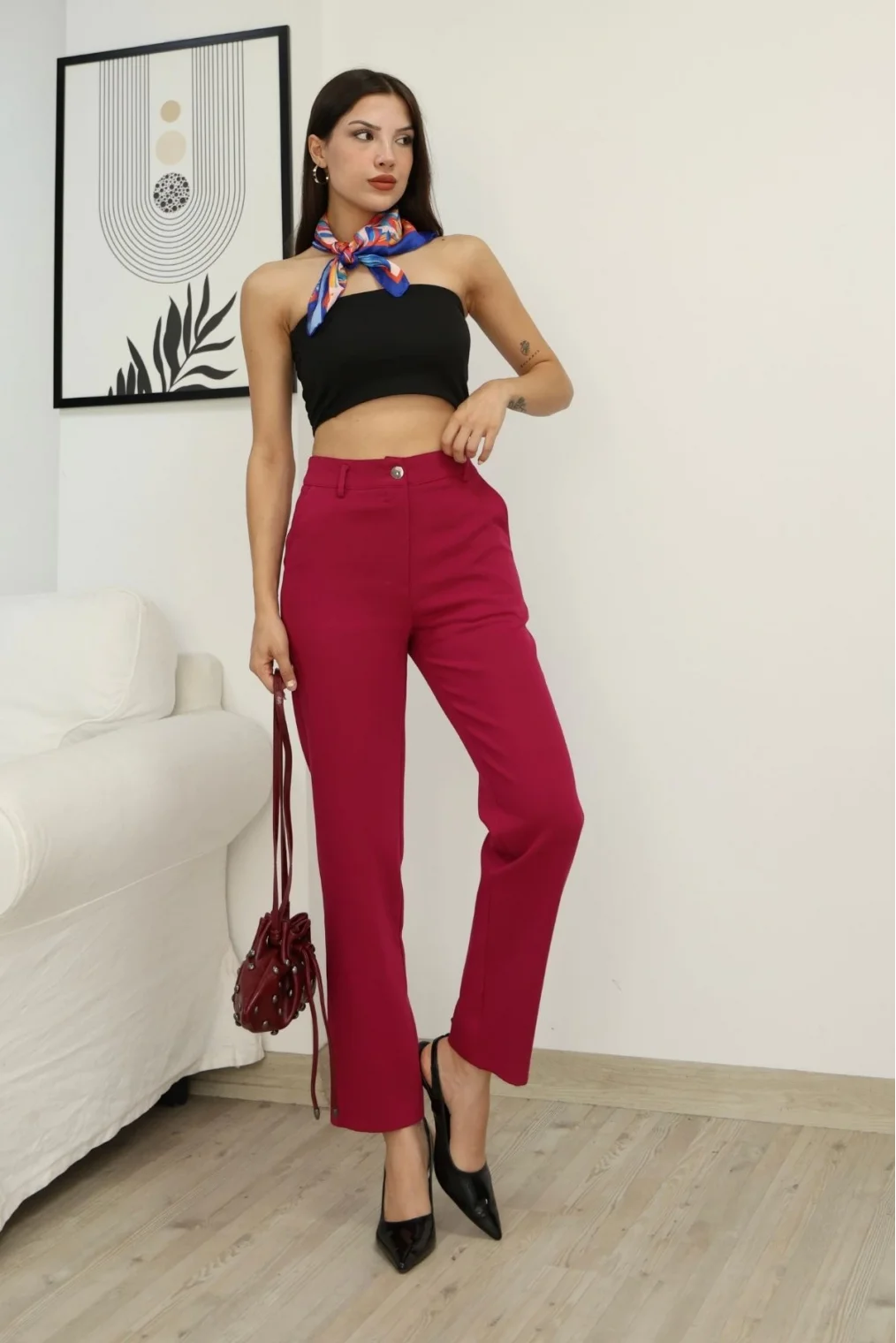 Cep Detaylı Kumaş Pantolon 6154-Fuşya