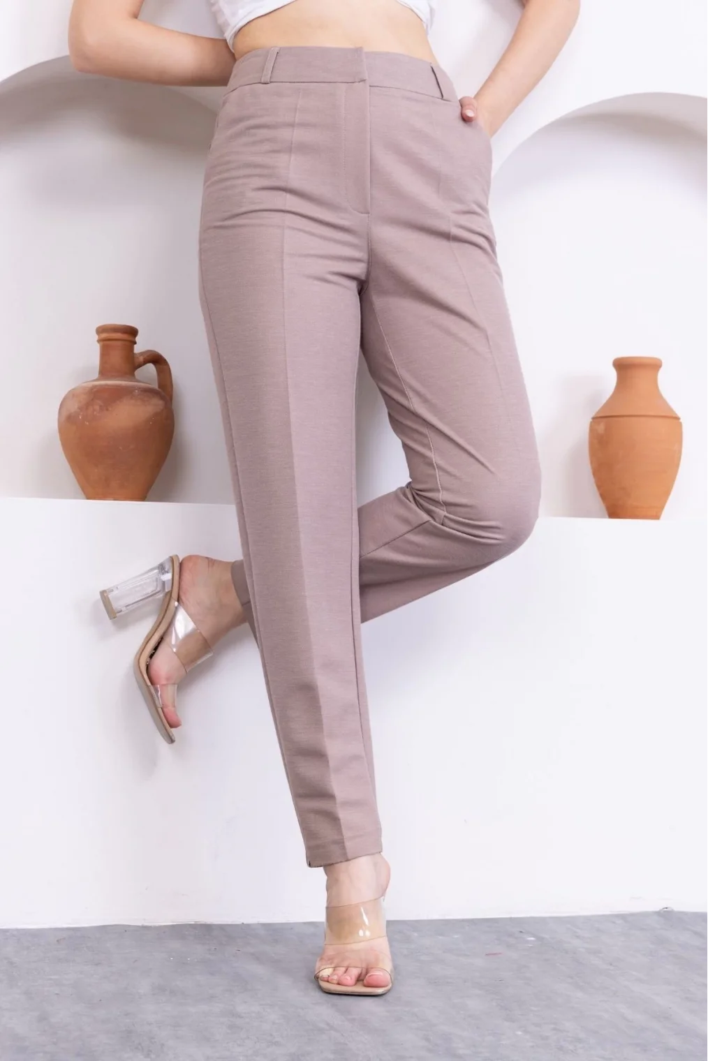 Cep Detaylı Örme Kumaş Kadın Pantolon 0040-Vizon