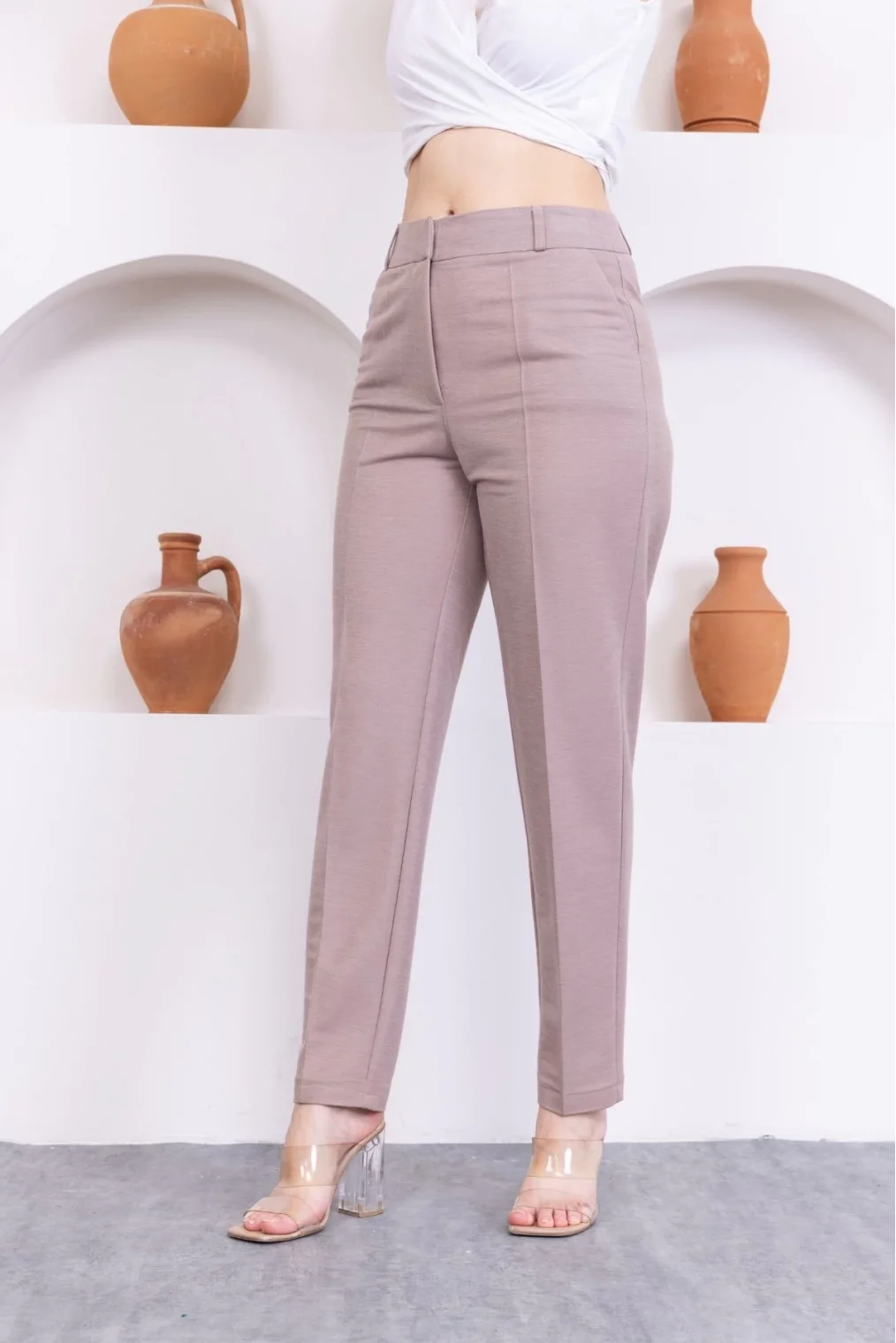 Cep Detaylı Örme Kumaş Kadın Pantolon 0040-Vizon