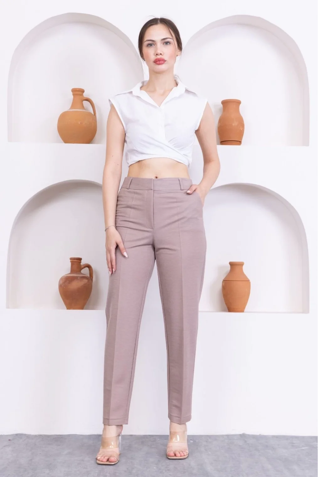 Cep Detaylı Örme Kumaş Kadın Pantolon 0040-Vizon