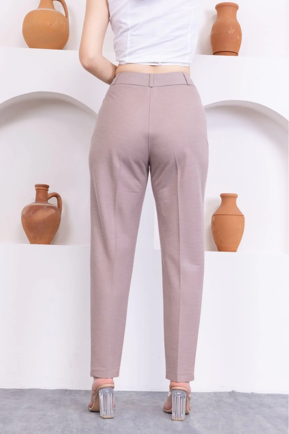 Cep Detaylı Örme Kumaş Kadın Pantolon 0040-Vizon