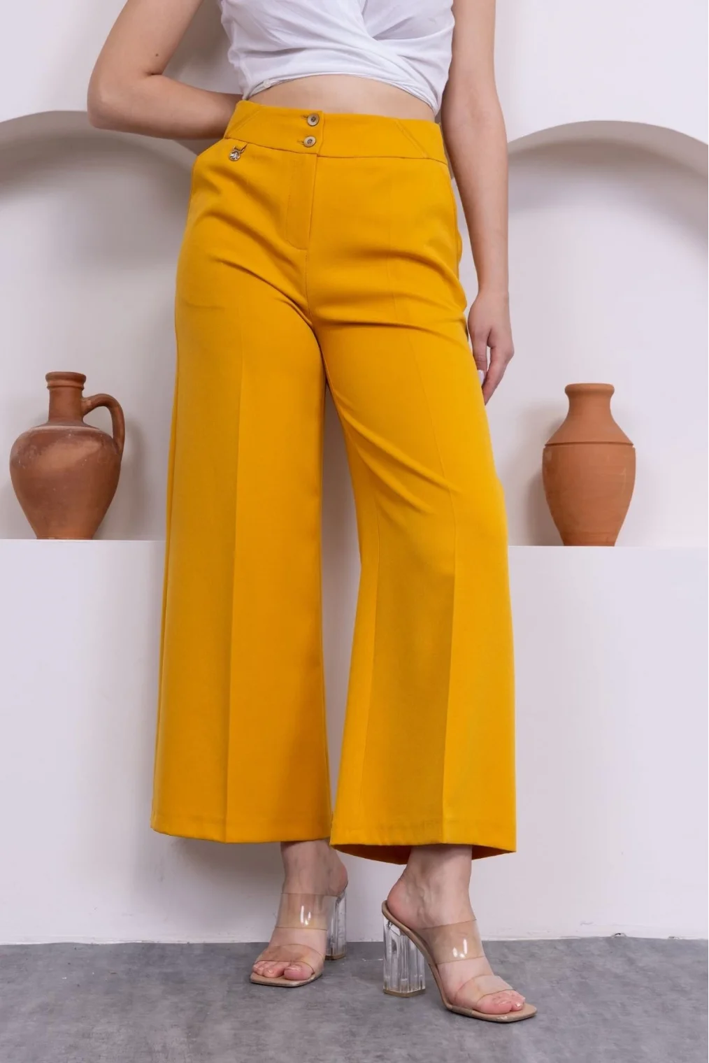 Cep Detaylı Palazzo Pantolon 301-Sarı