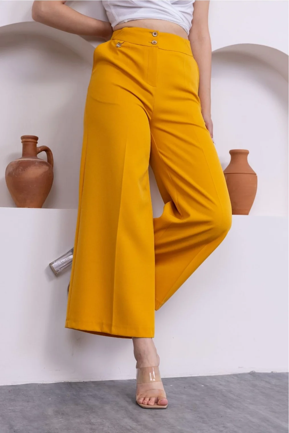 Cep Detaylı Palazzo Pantolon 301-Sarı