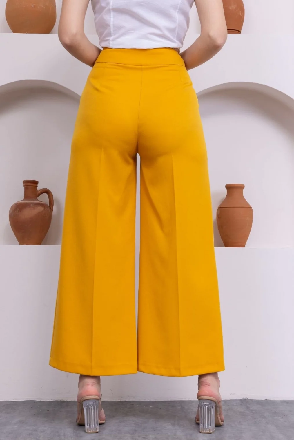 Cep Detaylı Palazzo Pantolon 301-Sarı