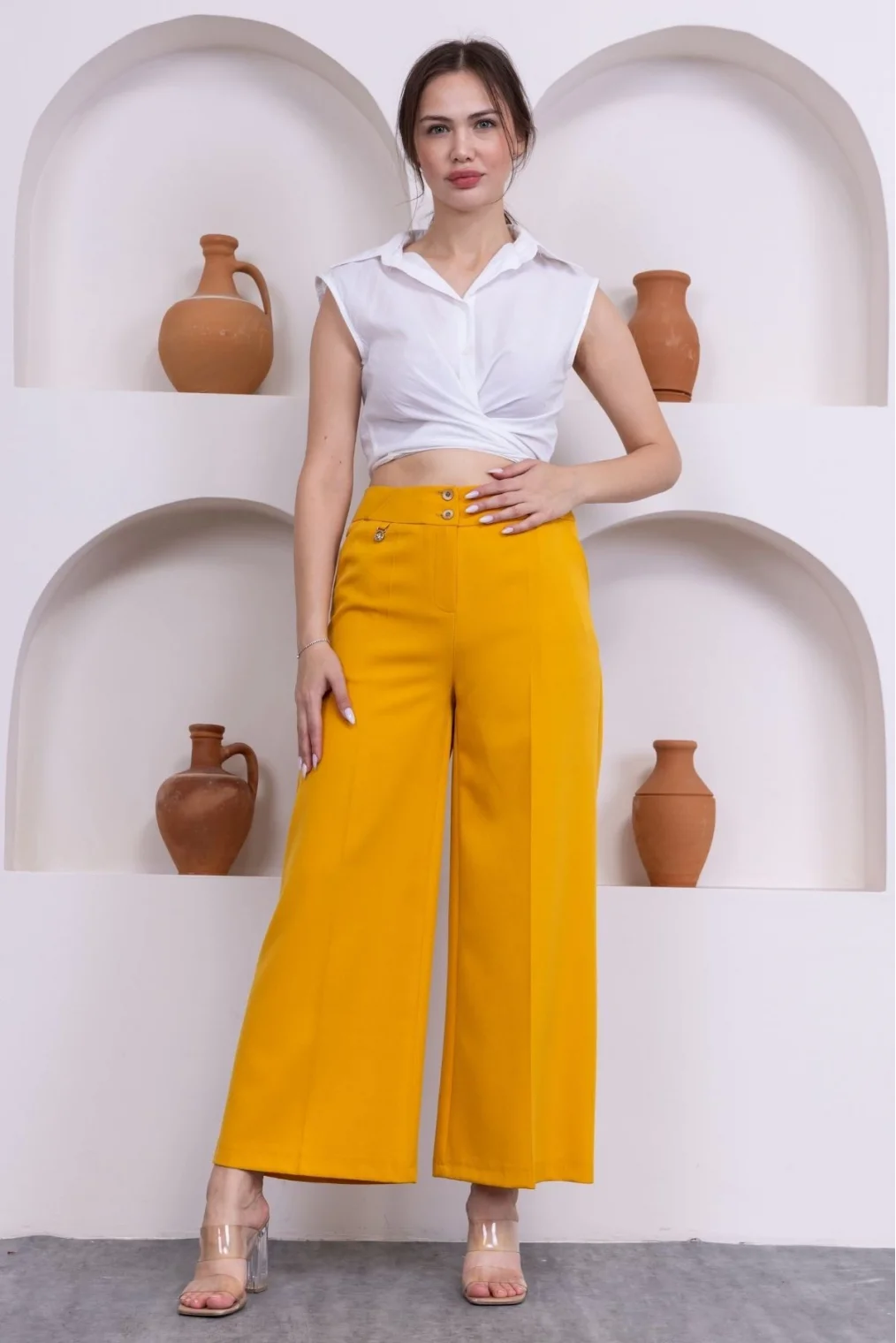 Cep Detaylı Palazzo Pantolon 301-Sarı