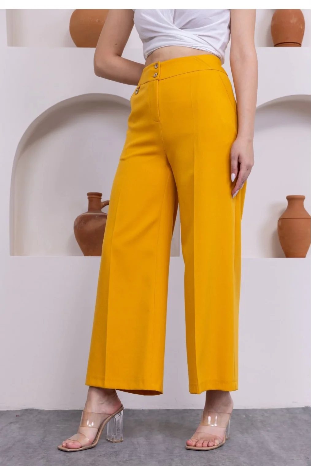 Cep Detaylı Palazzo Pantolon 301-Sarı