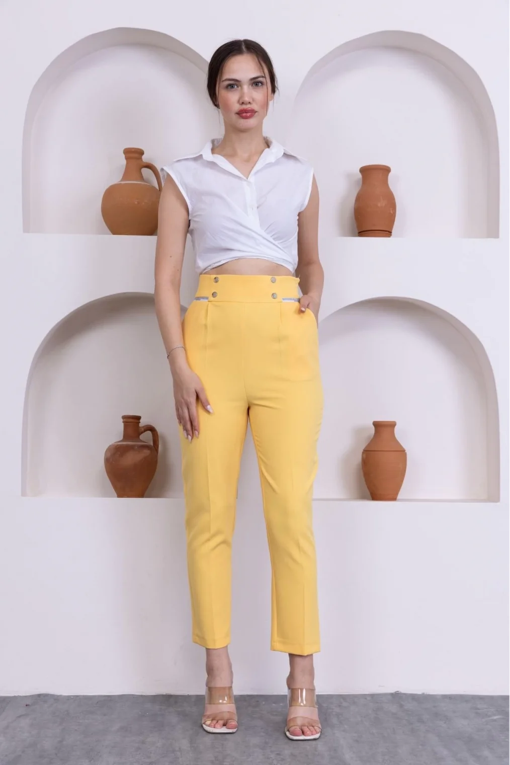 Cep Detaylı Yüksek Bel Kadın Pantolon 329-Sarı