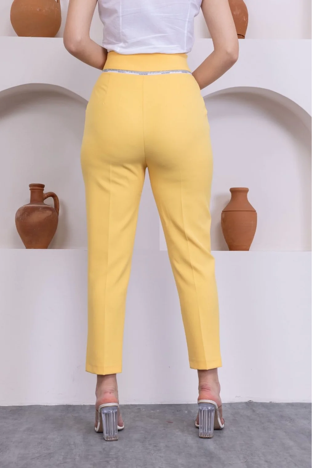 Cep Detaylı Yüksek Bel Kadın Pantolon 329-Sarı
