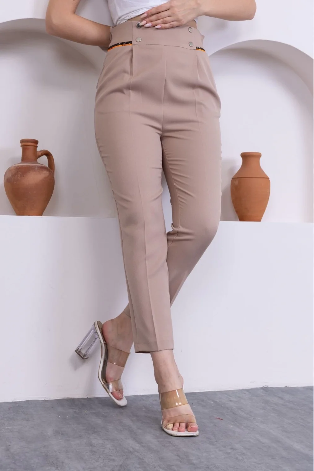 Cep Detaylı Yüksek Bel Kadın Pantolon 329-Vizon