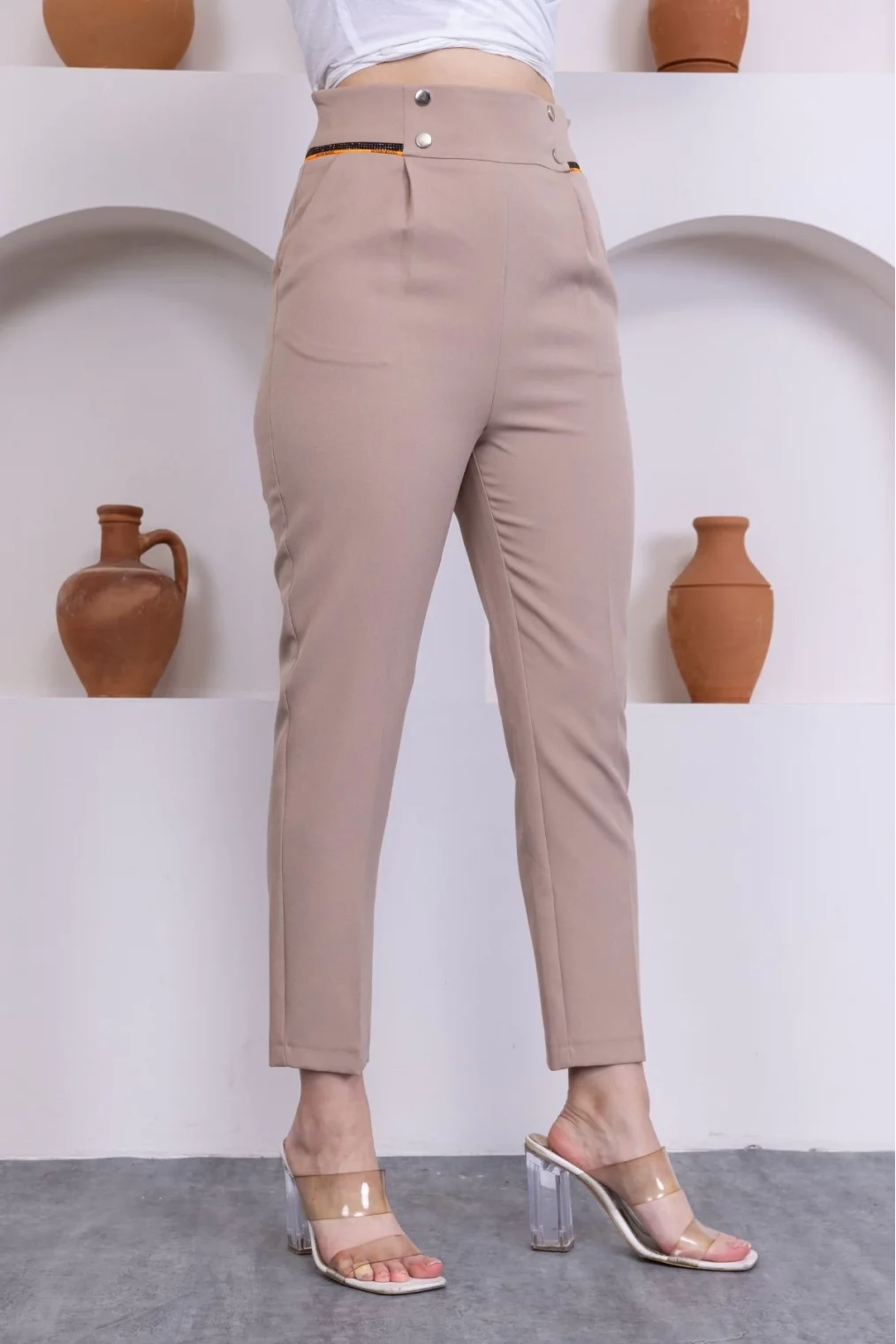 Cep Detaylı Yüksek Bel Kadın Pantolon 329-Vizon