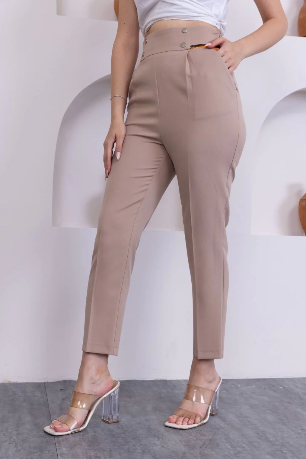 Cep Detaylı Yüksek Bel Kadın Pantolon 329-Vizon