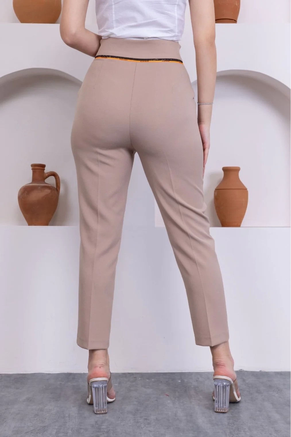 Cep Detaylı Yüksek Bel Kadın Pantolon 329-Vizon