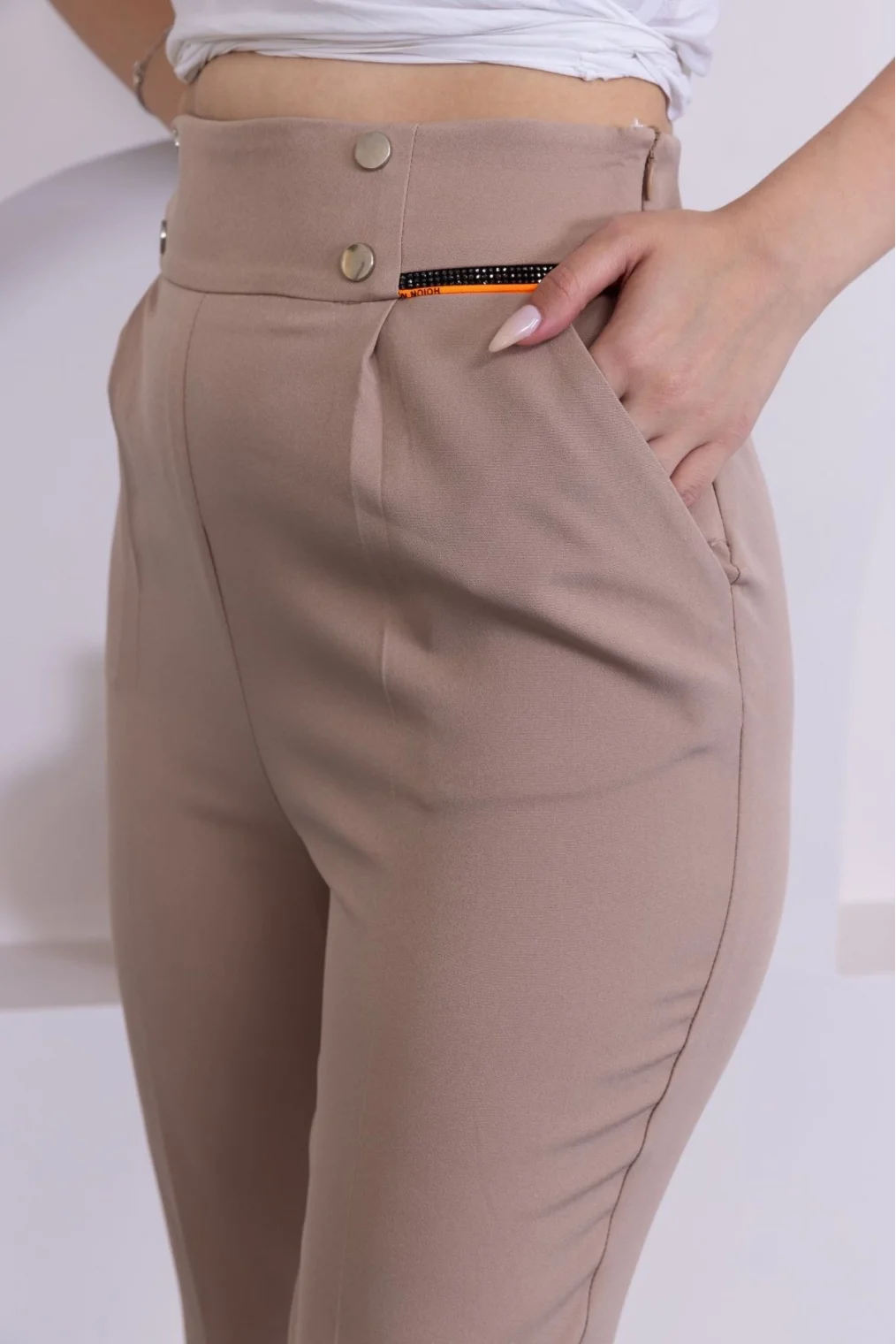 Cep Detaylı Yüksek Bel Kadın Pantolon 329-Vizon