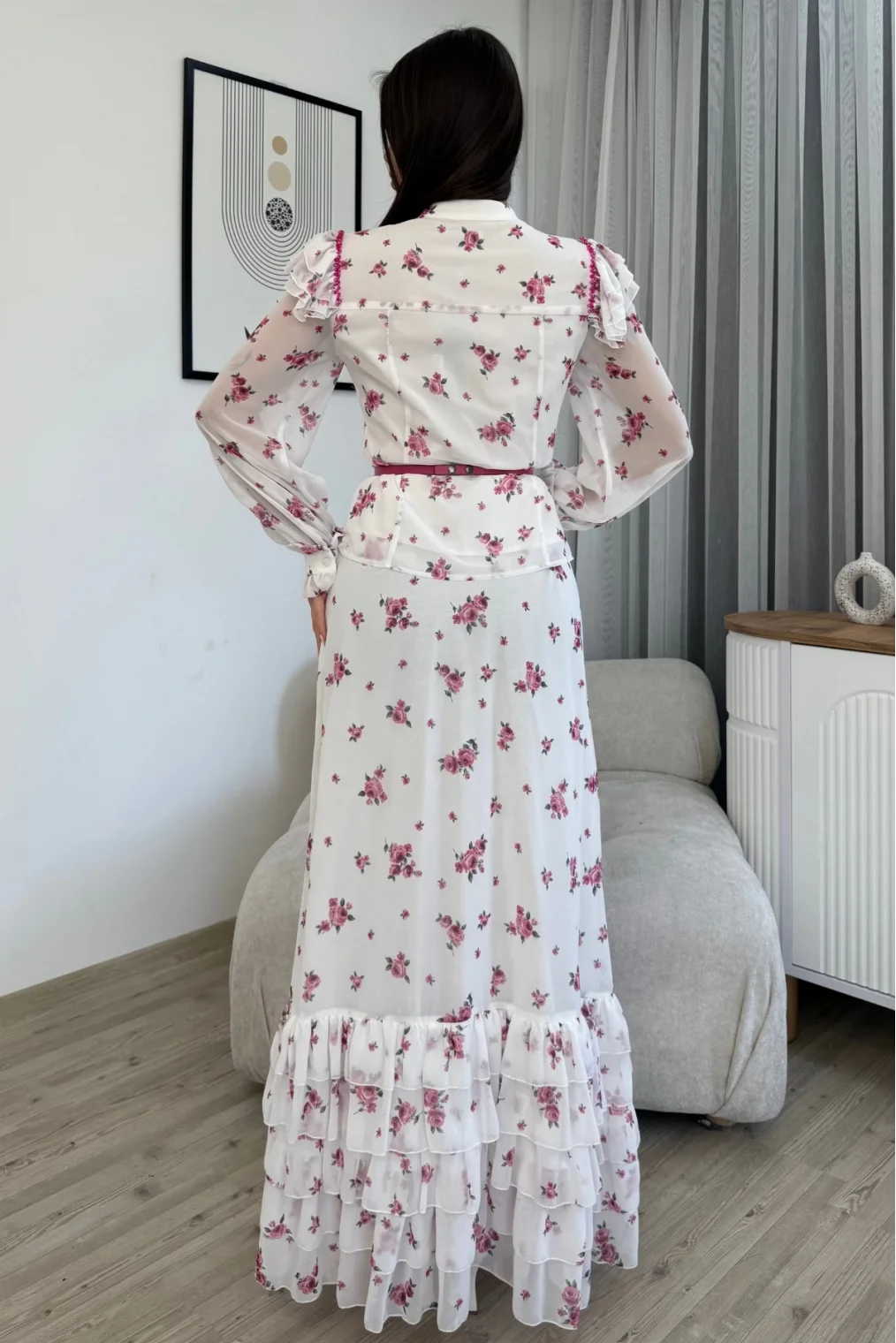 Çiçek Desenli Bluz ve Etek İkili Takım 4707-Beyaz/Fuşya