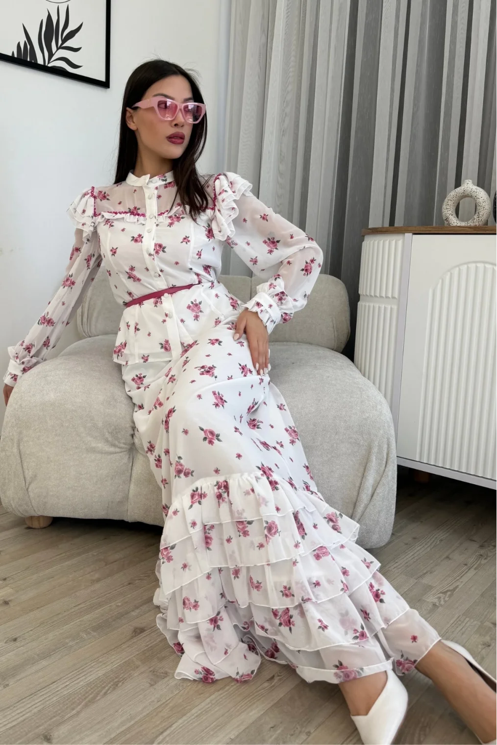 Çiçek Desenli Bluz ve Etek İkili Takım 4707-Beyaz/Fuşya