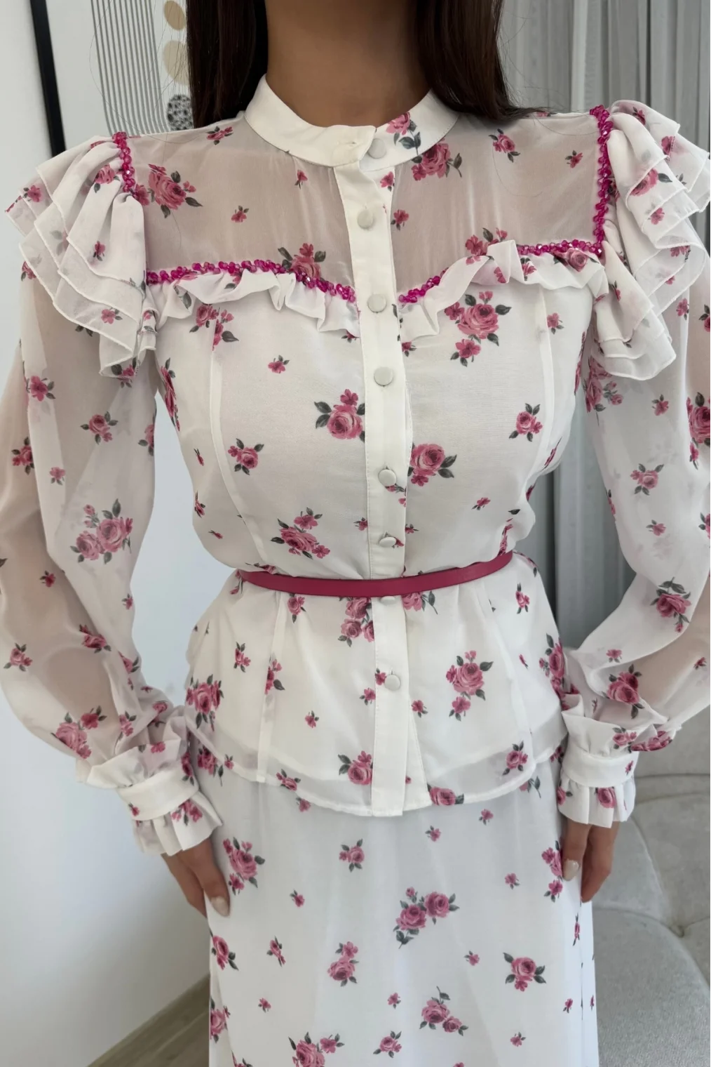 Çiçek Desenli Bluz ve Etek İkili Takım 4707-Beyaz/Fuşya