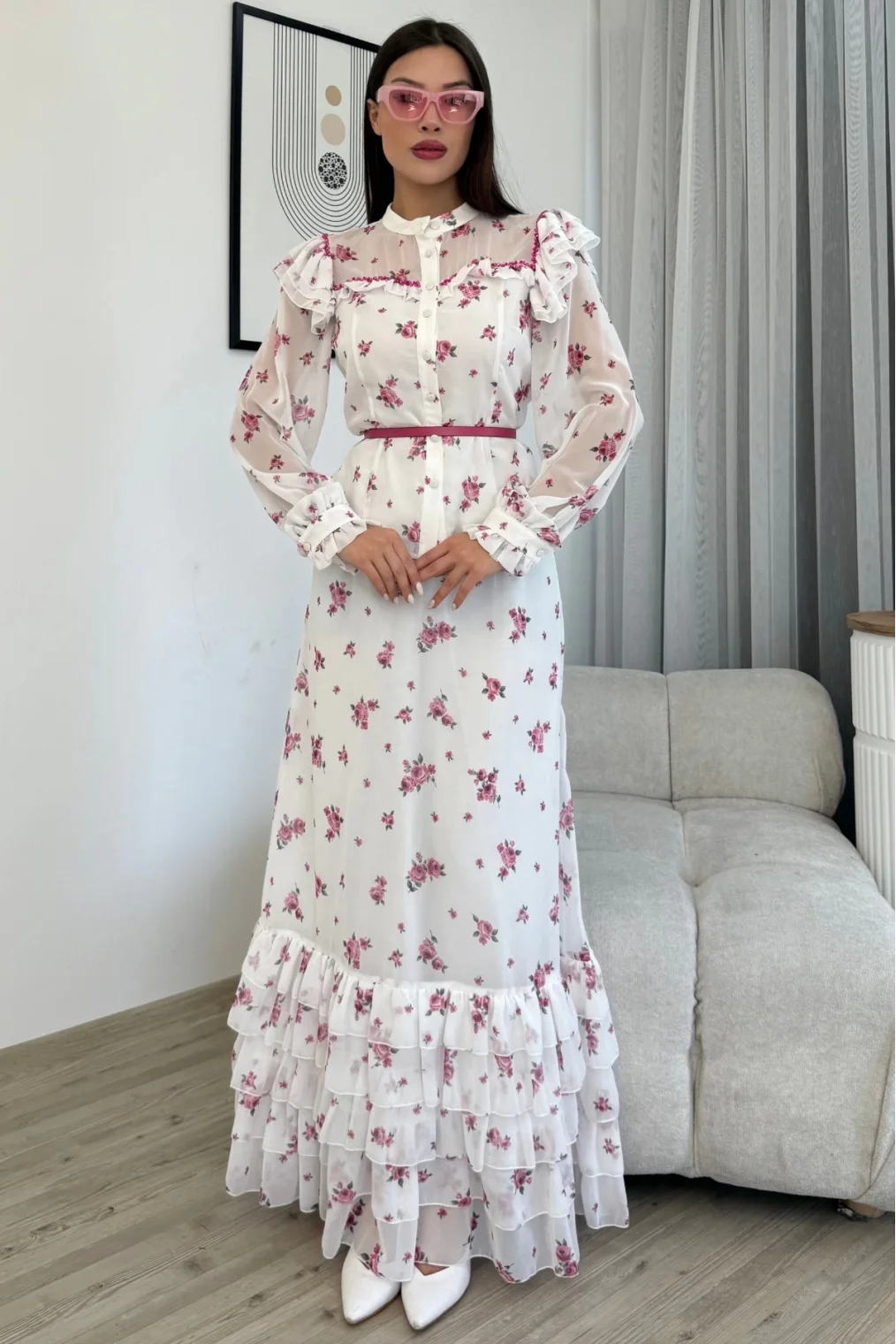 Çiçek Desenli Bluz ve Etek İkili Takım 4707-Beyaz/Fuşya