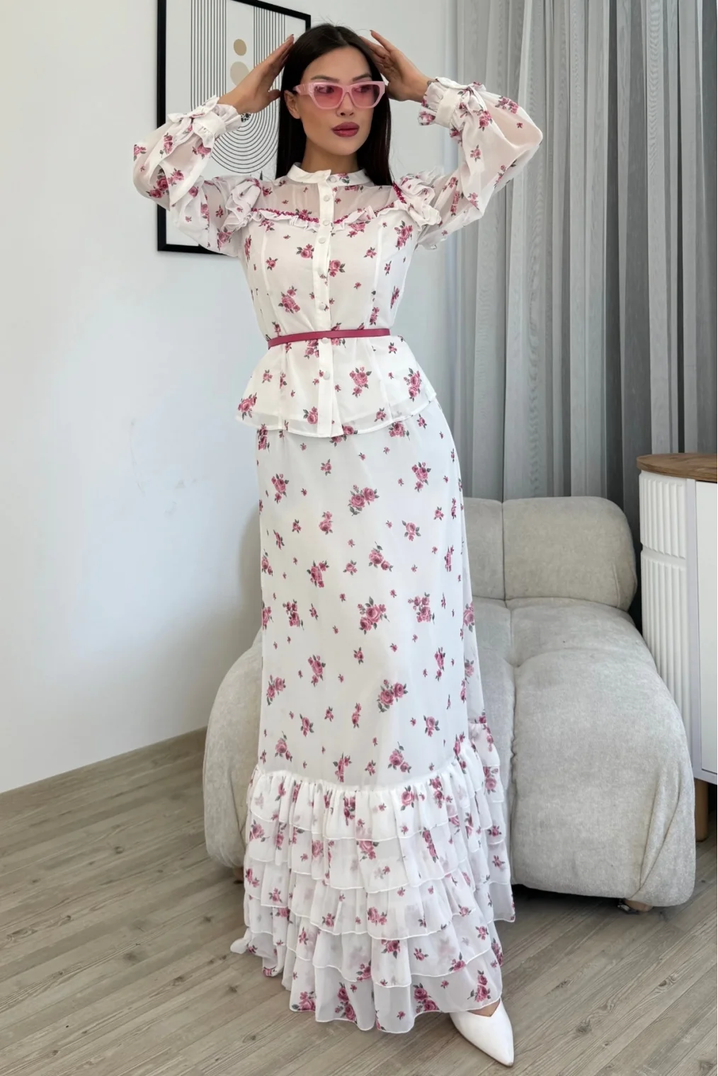 Çiçek Desenli Bluz ve Etek İkili Takım 4707-Beyaz/Fuşya